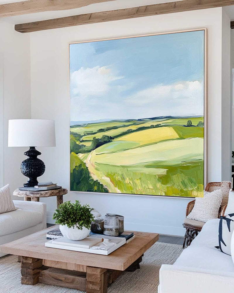 Modern Green Field Wall Art Country Painting Rural Textured Wall Art Field View Canvas Art For Sale