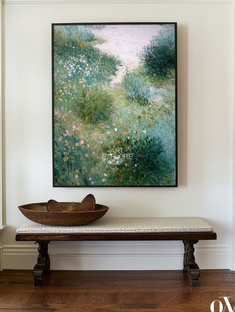 Modern Green Garden Oil Painting | Minimalist Vertical Canvas Decor | ArtExplore