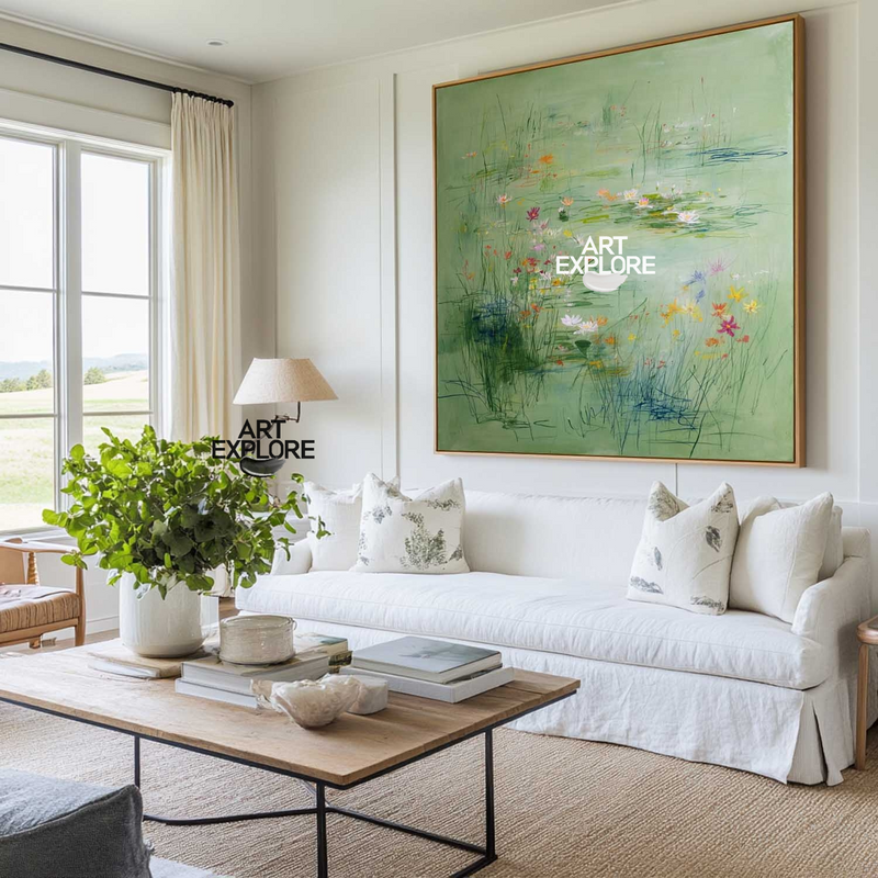 Modern Green Landscape Oil Painting | Square Canvas Wall Art | ArtExplore