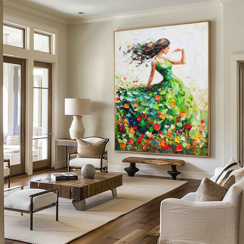 Large Green Painting Of Dancing Girl Ballerina Dancing Wall Art Large Green Texture Wall Paintings