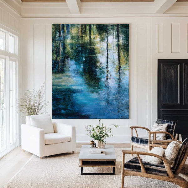 Modern Green Reflection Artwork – Large Impressionist Canvas for Living Room Decor | ArtExplore
