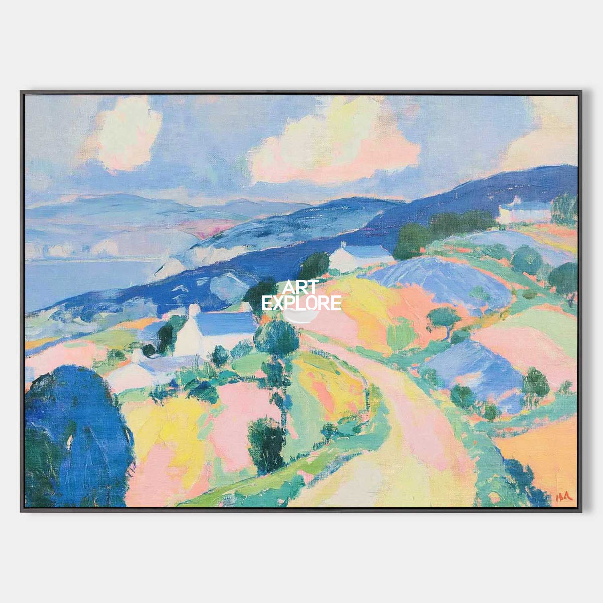 Hand-Painted Abstract Hills Landscape Canvas Painting With Blue And Pink Tones
