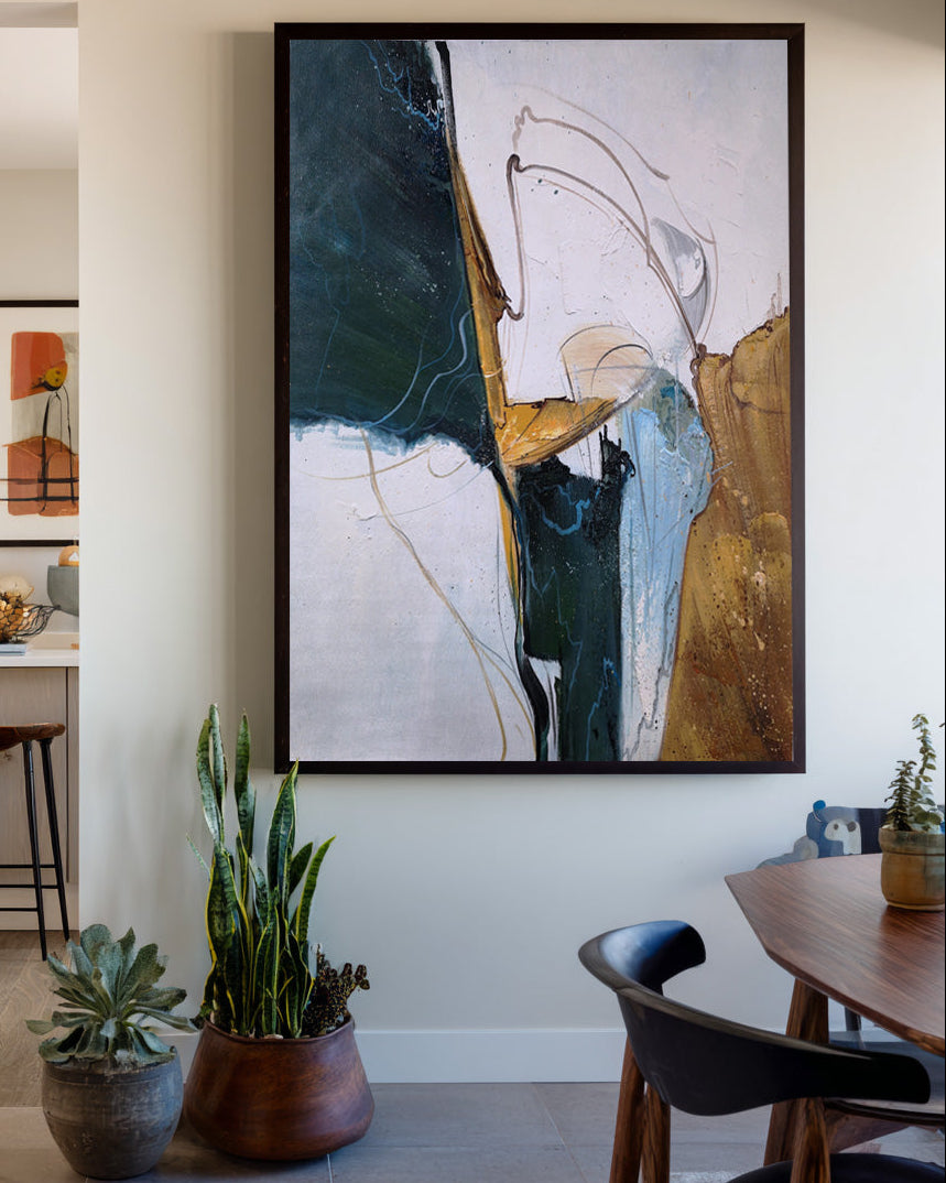 Modern Handmade Abstract Oil Painting | Textured Green Gold Canvas | ArtExplore