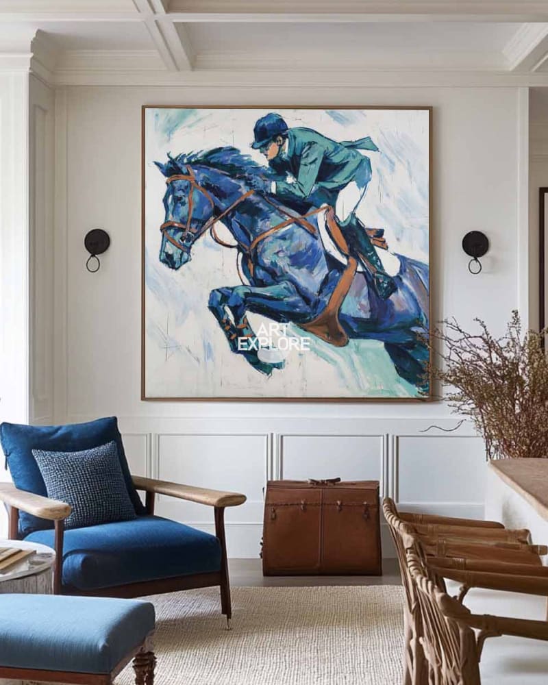Modern Horse Racing Painting | Large Blue Canvas Wall Art Handmade ArtExplore