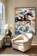 Modern Horse Riding Artwork | Large Blue Textured Minimalist Horse Canvas Art | ArtExplore