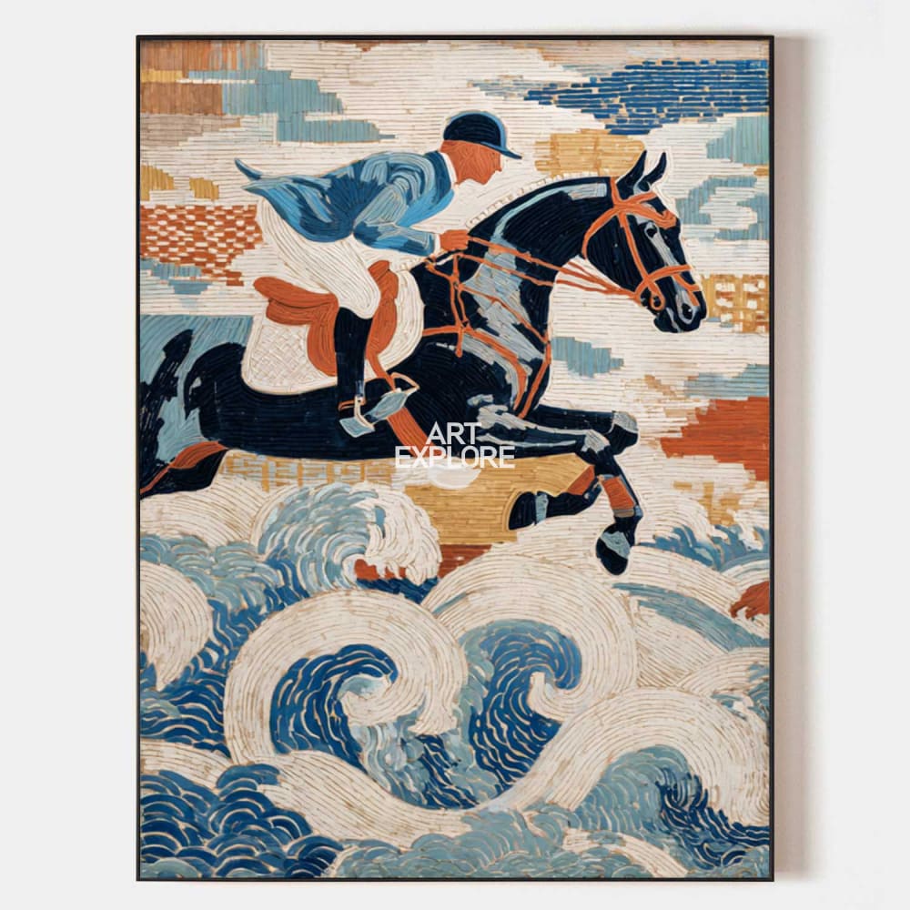 Modern Horse Riding Canvas Art | Large Blue Textured Equestrian Wall ...