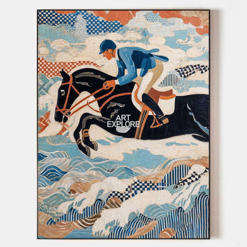 Modern Horse Riding Oil Painting | Large Blue Textured Equestrian Wall ...