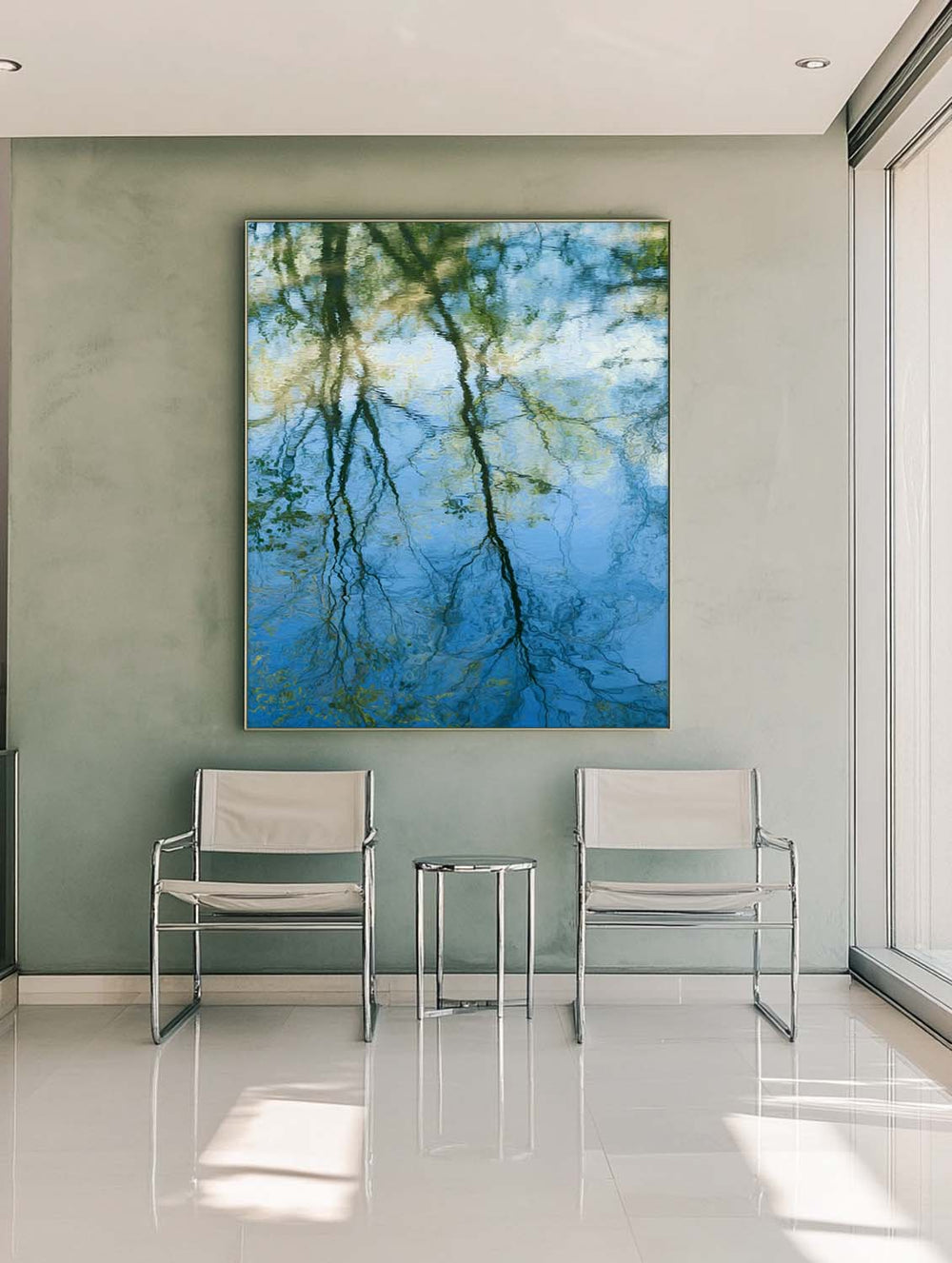 Modern Impressionist Wall Art – Green Trees Over Blue Water Reflections on Canvas