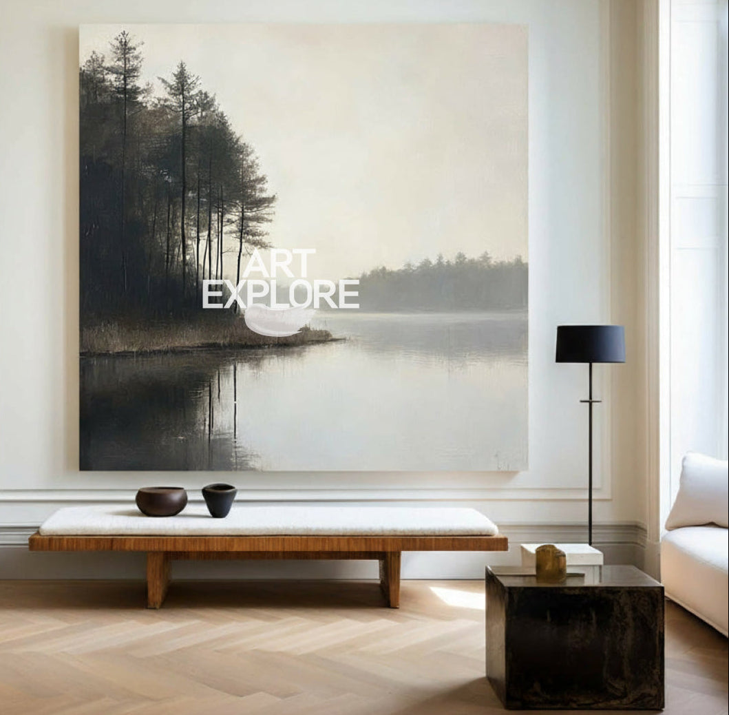 Large Lake Scenery Painting Textured Landscape Lake Canvas Wall Art Black White Painting For Sale