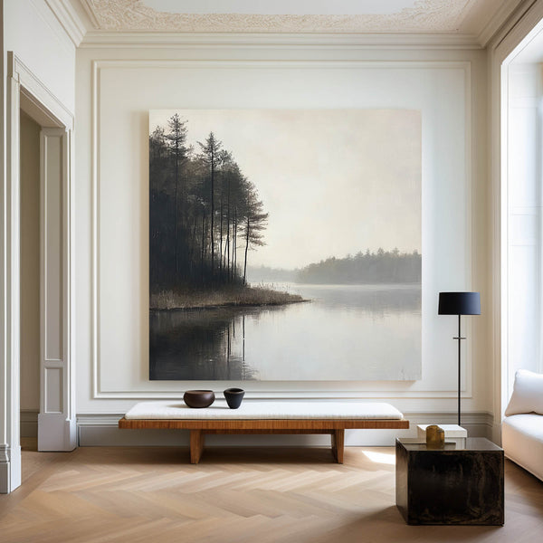 Large Lake Scenery Painting Textured Landscape Lake Canvas Wall Art Black White Painting For Sale