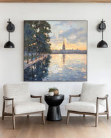 Modern Lake Sunset Painting Blue Textured Landscape Canvas for Home | ArtExplore