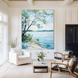 Modern Blue Lake View Painting Large Landscape Painting Blue Textured Lake Wall Art for Sale