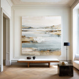 Modern Lake View Wall Art | Large Handmade Beige Blue Canvas ArtExplore