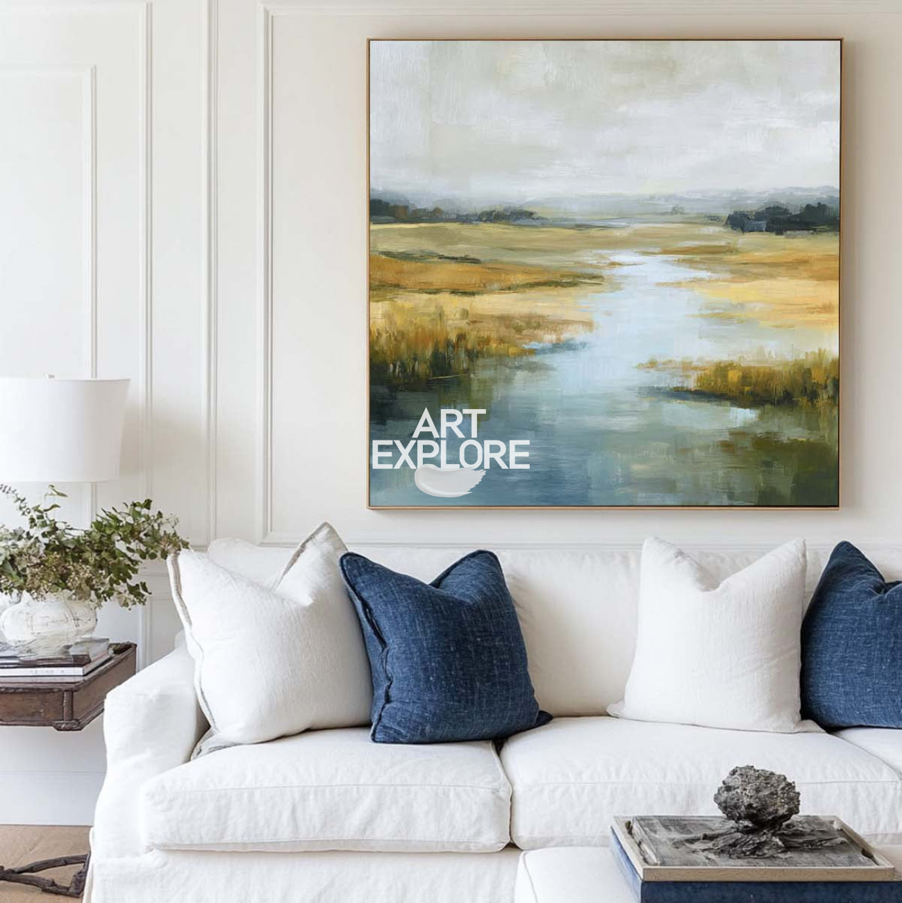 Modern Large Blue River Landscape Textured Art Square Handmade Oil Canvas | ArtExplore