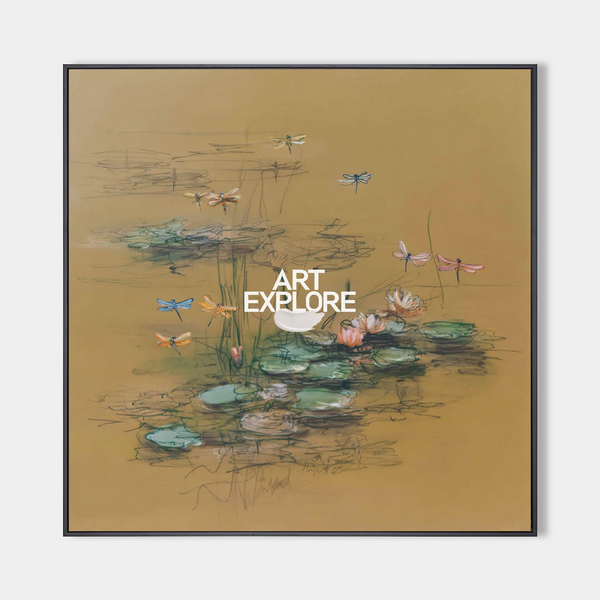 Modern Lotus Pond Painting | Large Square Handmade Wall Art - ArtExplore