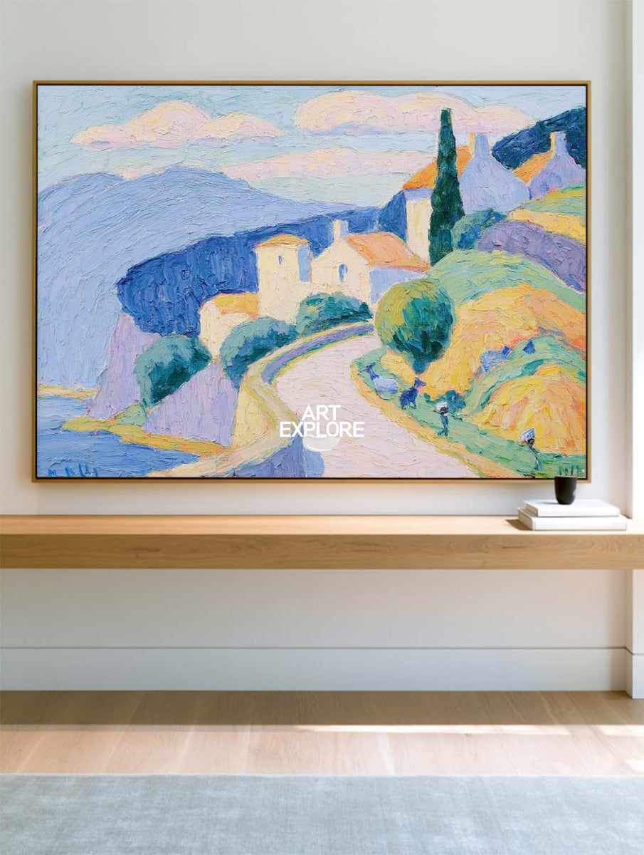 Hand-Painted Seaside Village Landscape Canvas Art With Blue Sky