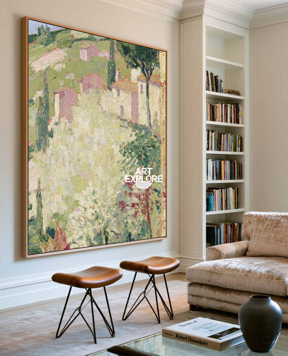 Hand-Painted Countryside Landscape Canvas Art With Green And Yellow Tones