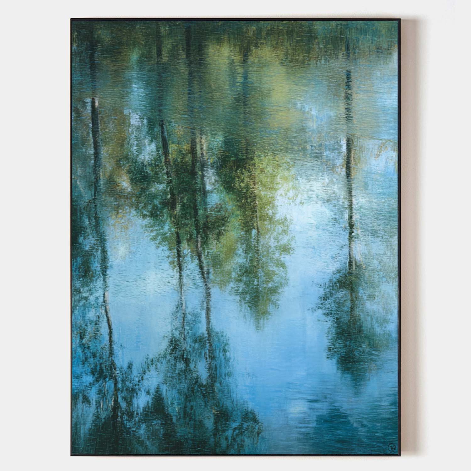 Modern Minimalist Wall Art – Textured Green Reflection Oil Painting on Vertical Canvas| ArtExplore
