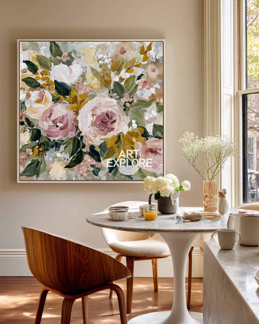 Modern Neutral Bloom Square Painting Large Space Cozy Textured Floral Art - ArtExplore
