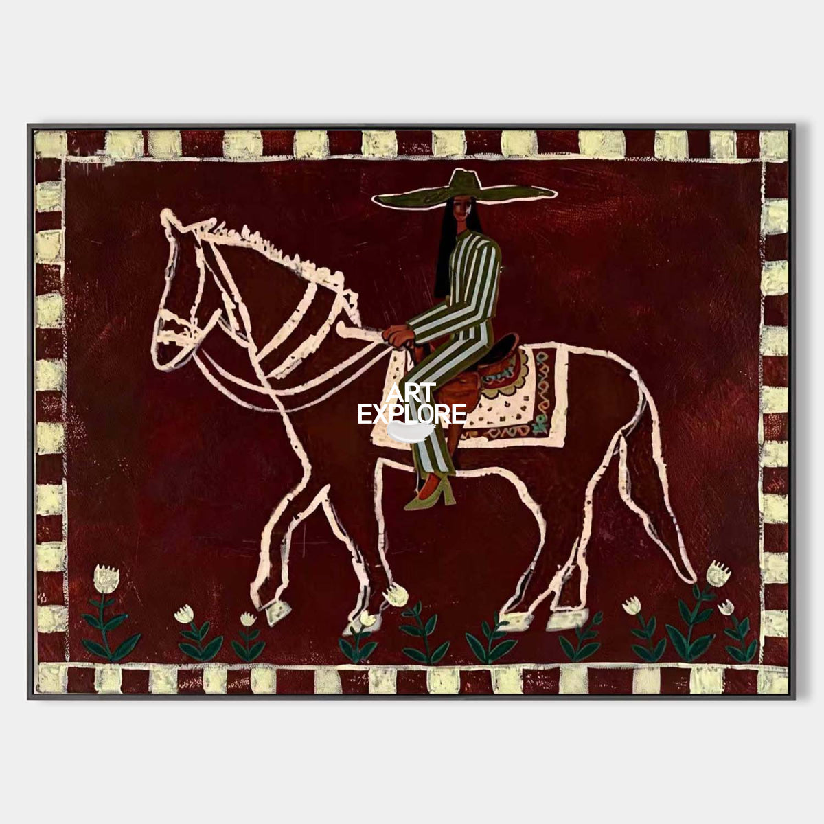 Original Folk Art Painting Of Horse And Rider In Red For Living Room Decor