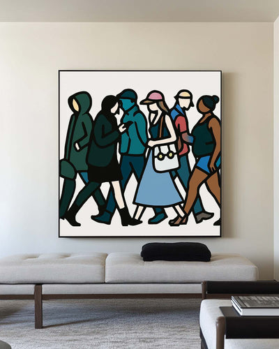 Modern Pop Culture Painting – Abstract People Walking Design for Minimalist Large Wall Spaces