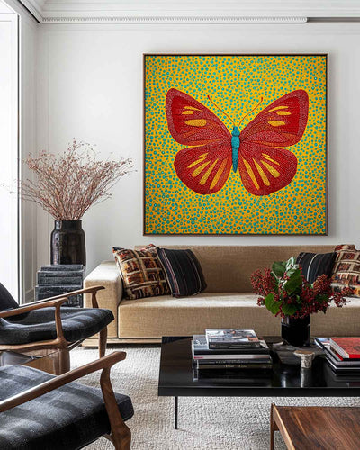 Modern Red Butterfly Canvas Art for Living Room – Large Handmade Wall Decor in Bold Red & Turquoise