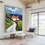 Red Cabin View Wall Art Large Textured Field Scenery Wall Art Modern Fine Art Paintings for Sale