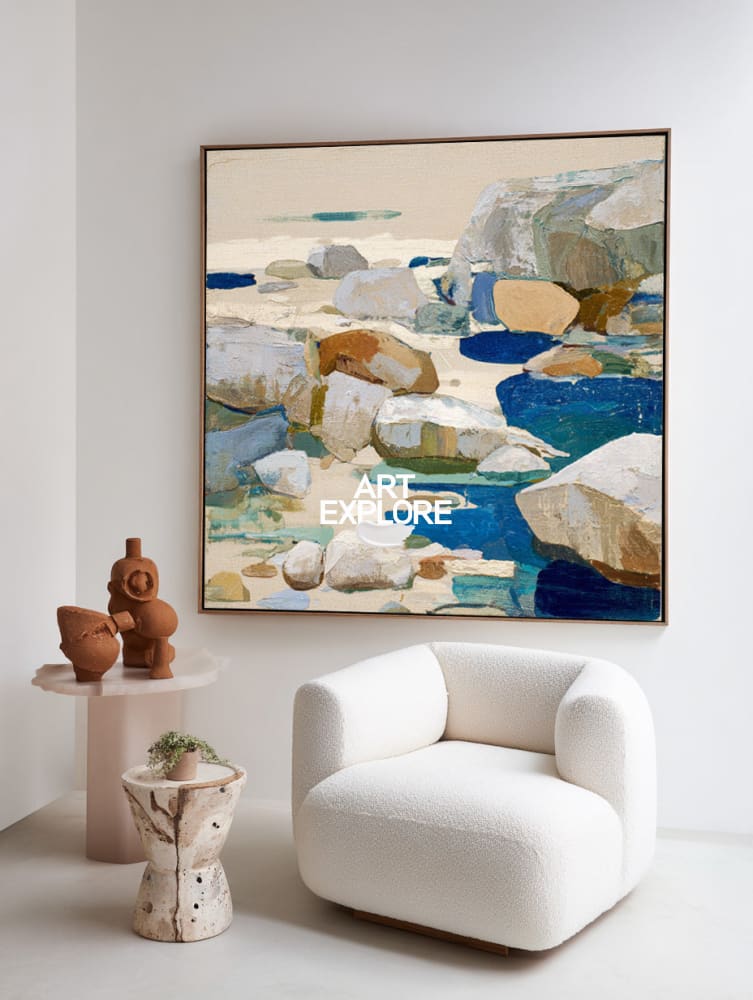 Modern Rock Landscape Wall Art with Blue Accents, Large Canvas Decor – ArtExplore