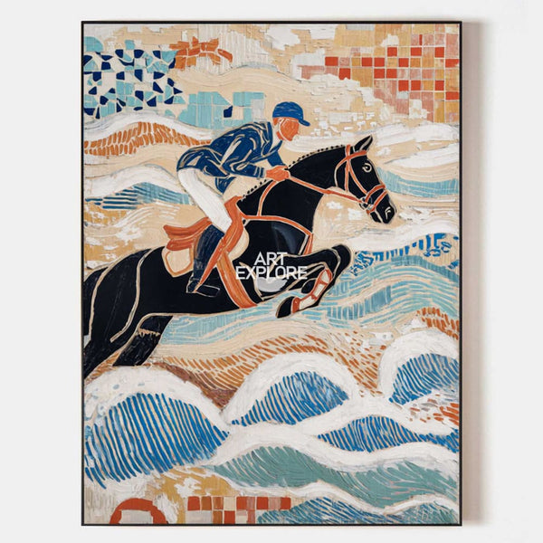 Modern Royal Horse Oil Painting Art | Large Blue Textured Equestrian Wall Art | ArtExplore