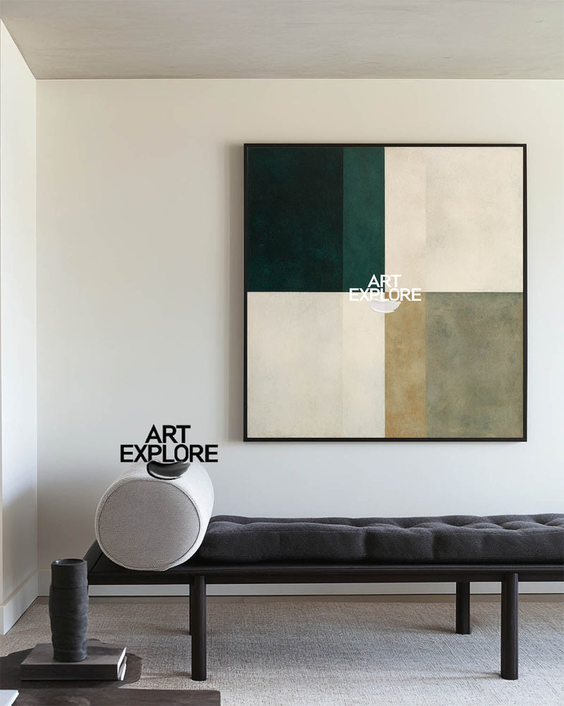 Modern Square Canvas Artwork in Neutral Green Tones for Dining Room – ArtExplore