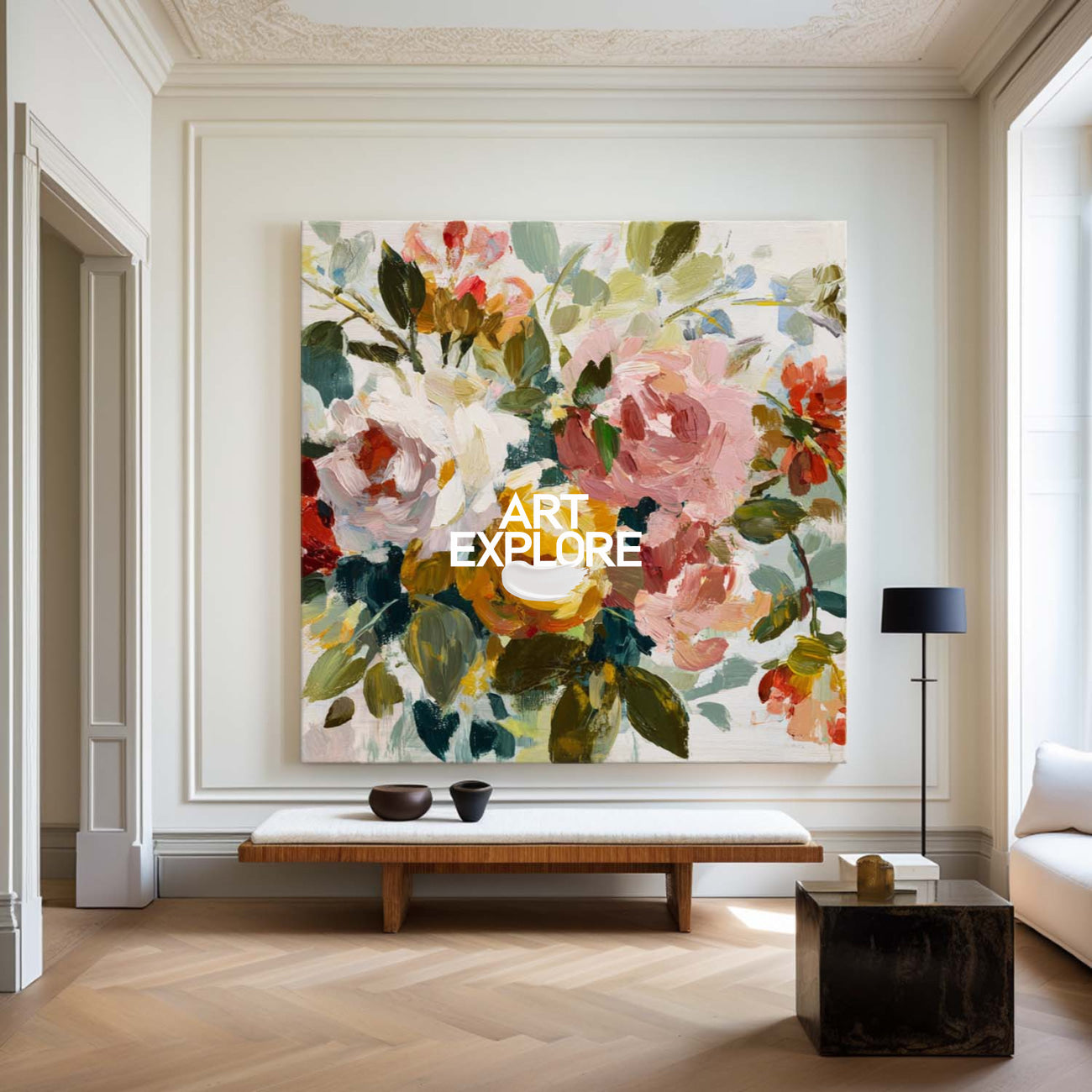 Modern Square Flower Wall Art, Handmade Colorful Bouquet Oil Painting Decor ArtExplore