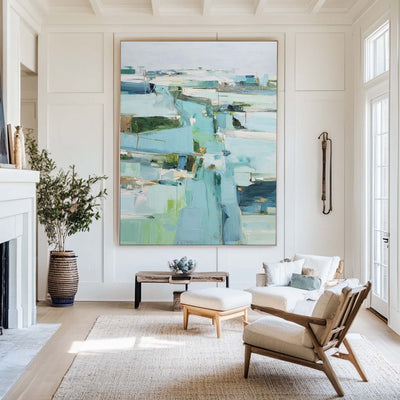 Modern Turquoise Painting Blue Abstract Canvas Wall Art Large Abstract Texture Painting For Sale