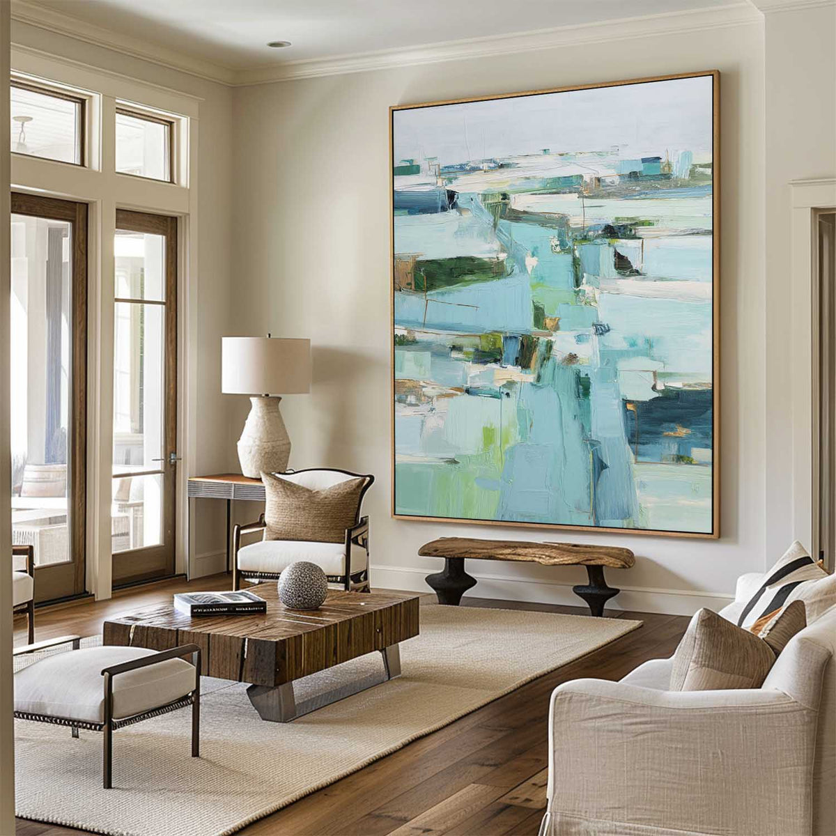 Modern Turquoise Painting Blue Abstract Canvas Wall Art Large Abstract Texture Painting For Sale