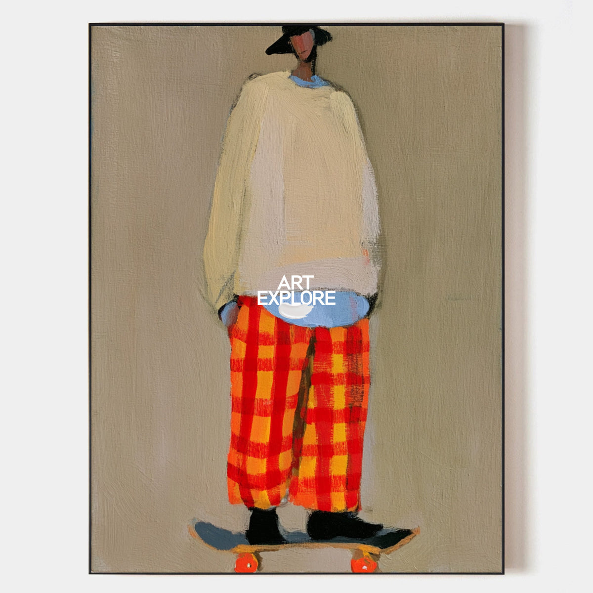 Vibrant Orange Plaid Figure Painting With Skateboard For Contemporary Interior