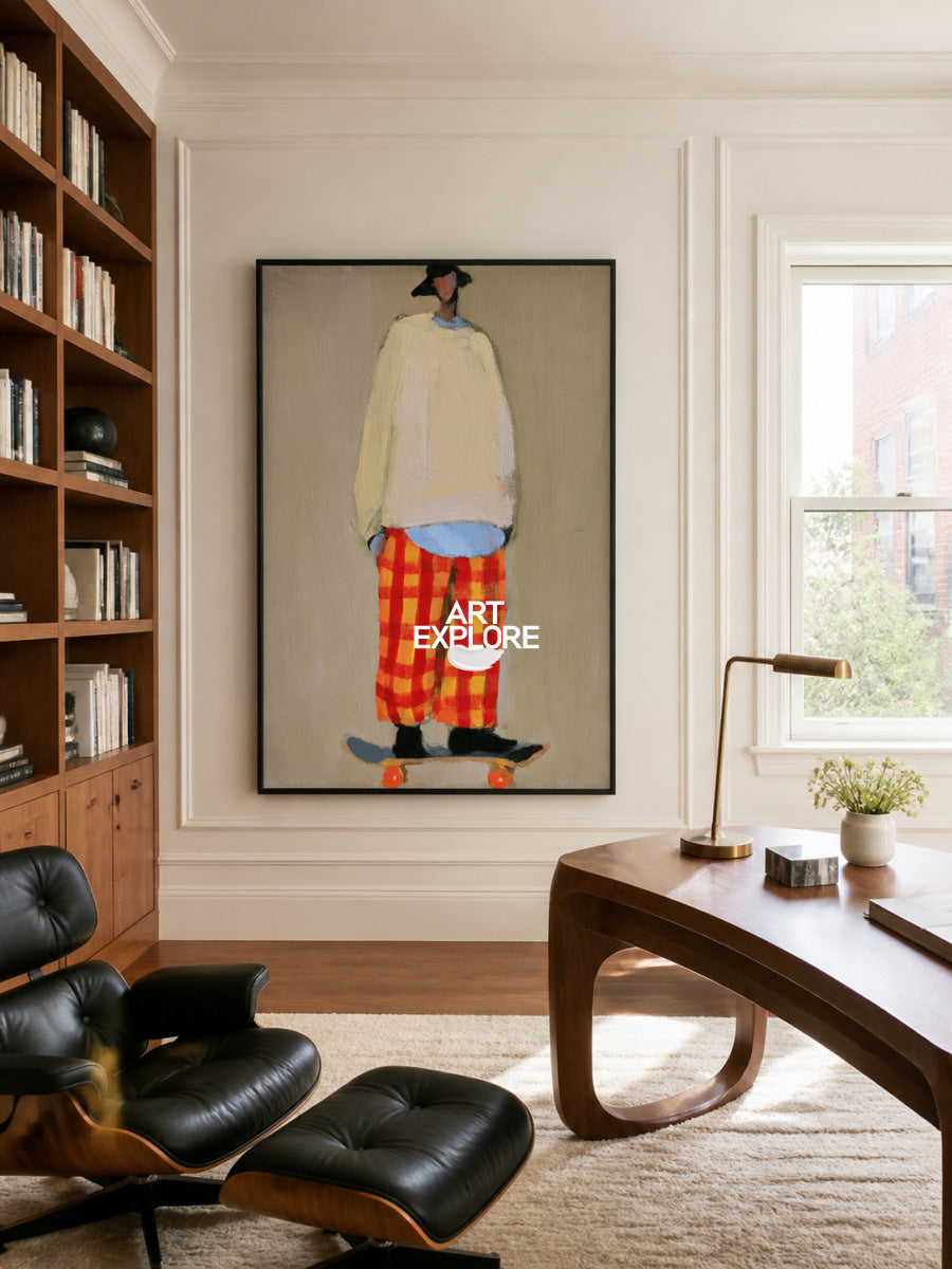 Vibrant Orange Plaid Figure Painting With Skateboard For Contemporary Interior