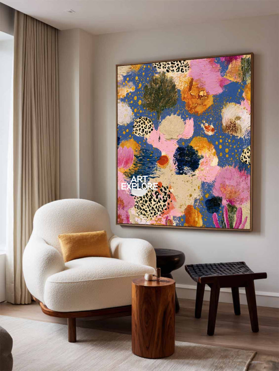 Contemporary Pop Art Style Canvas With Textured Pink And Blue Flowers