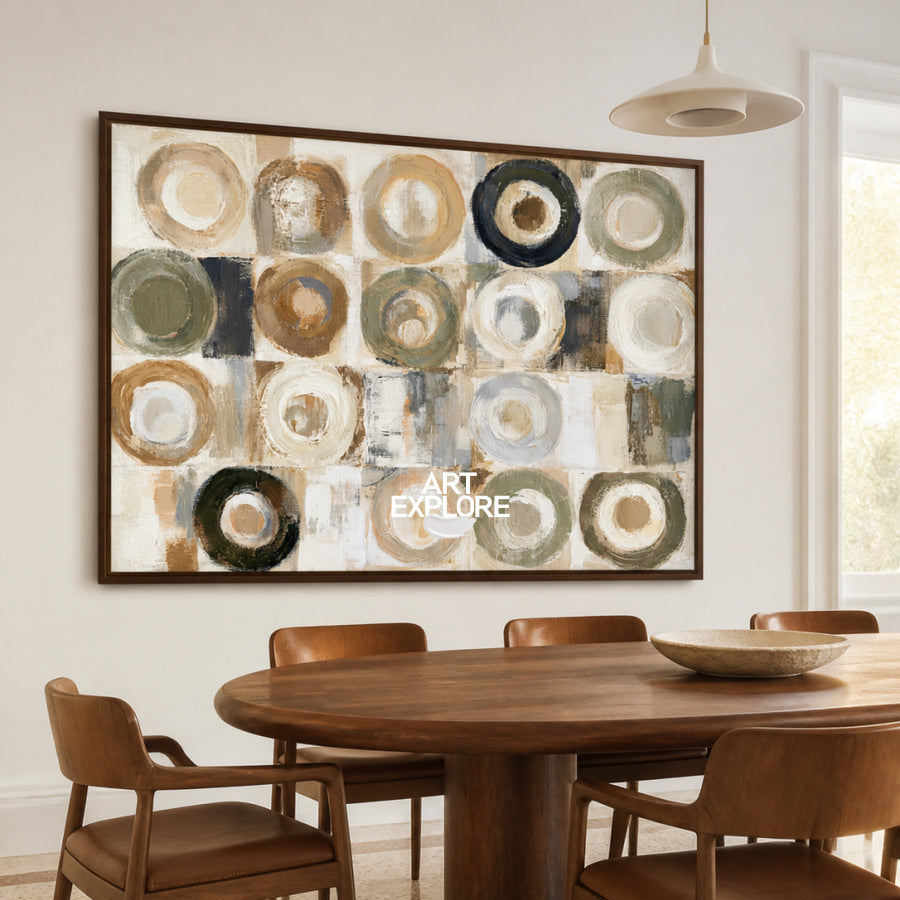 Warm Geometric Abstract Canvas Painting With Earthy Circles For Modern Decor