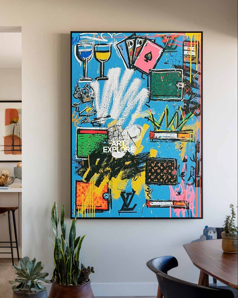 Original Graffiti Abstract Painting With Blue Background For Modern Urban Home Decor