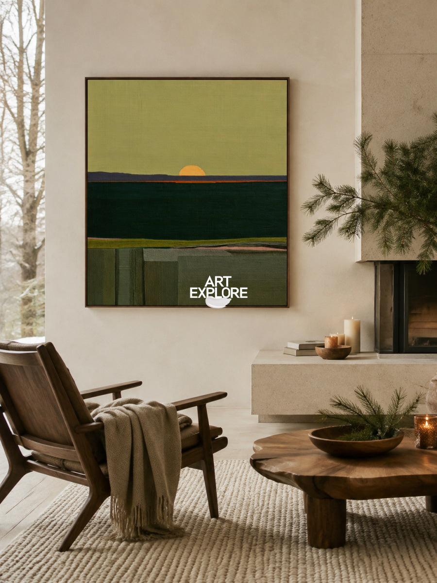 Minimalist Abstract Green Art With Geometric Forms And Sunset Glow Original Canvas