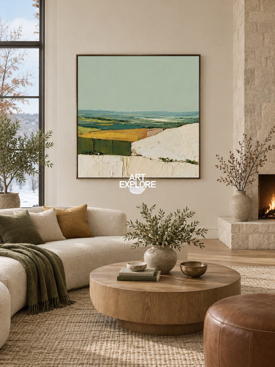 Abstract Green Landscape Canvas Painting With Textured Hills For Modern Walls