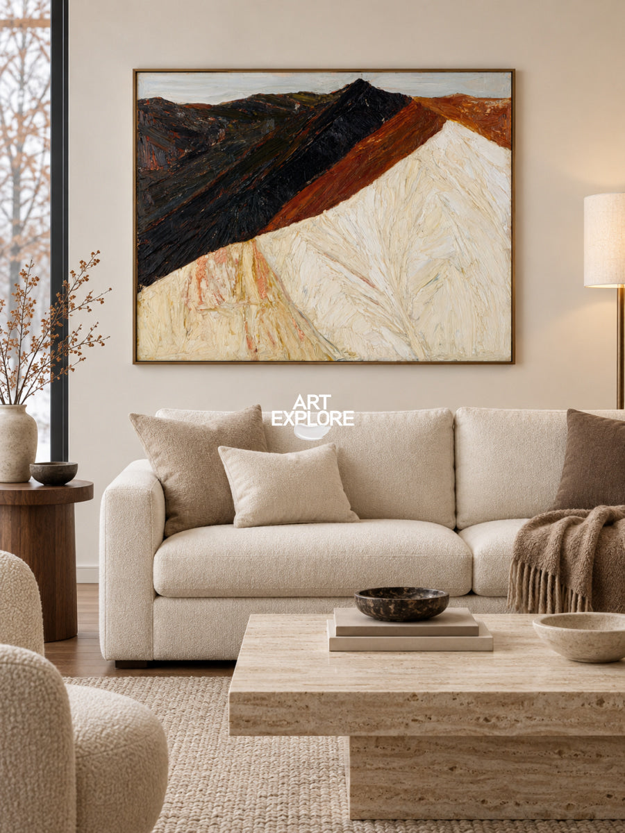 Abstract Mountain Landscape Canvas Painting With Earthy Tones And Textured Brushwork