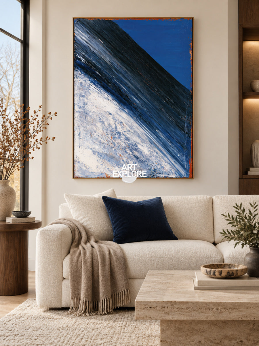 Blue And White Abstract Canvas Painting With Dynamic Diagonal Lines