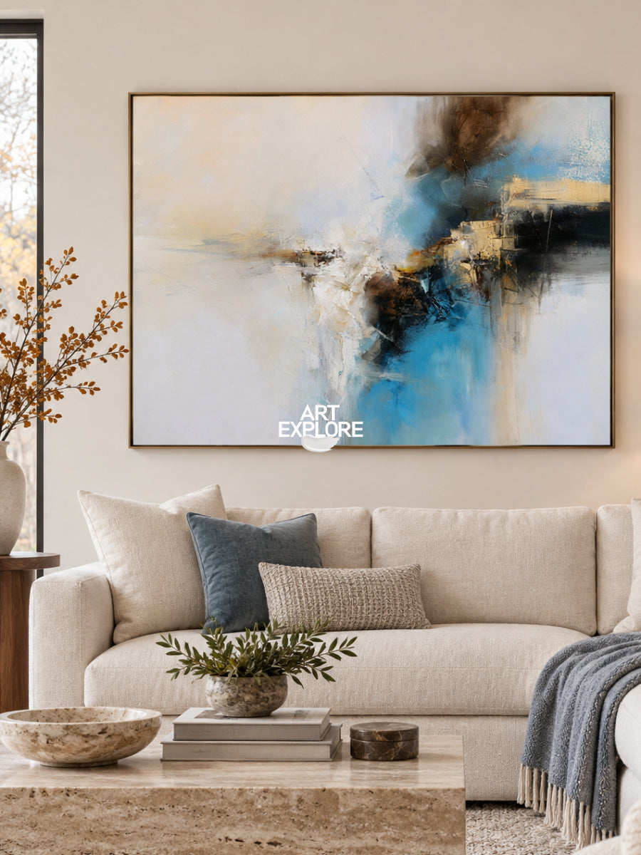 Abstract Blue And White Canvas Painting With Brown Accents For Modern Decor