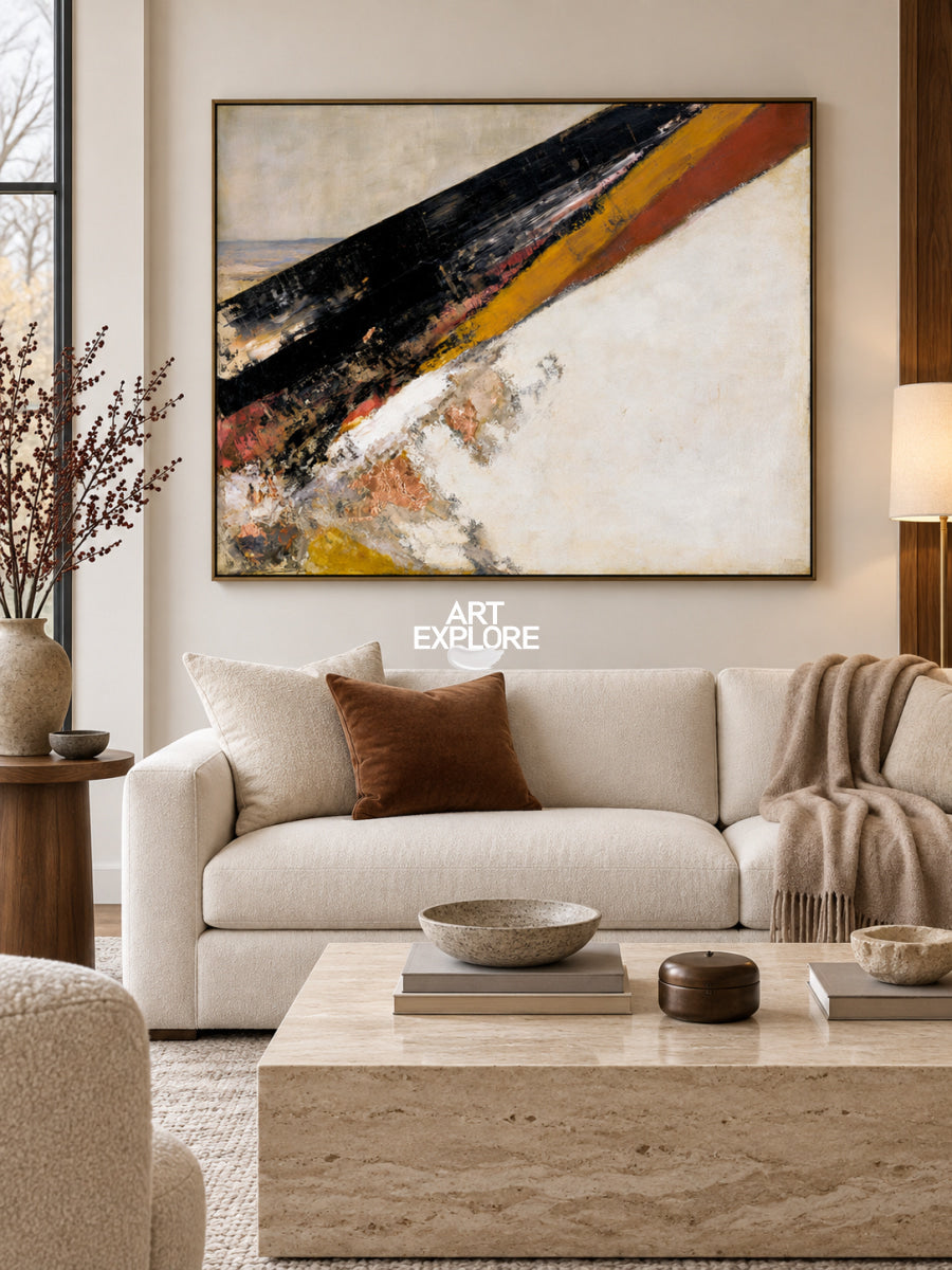 Abstract Black And Beige Canvas Painting With Gold Accents For Modern Walls