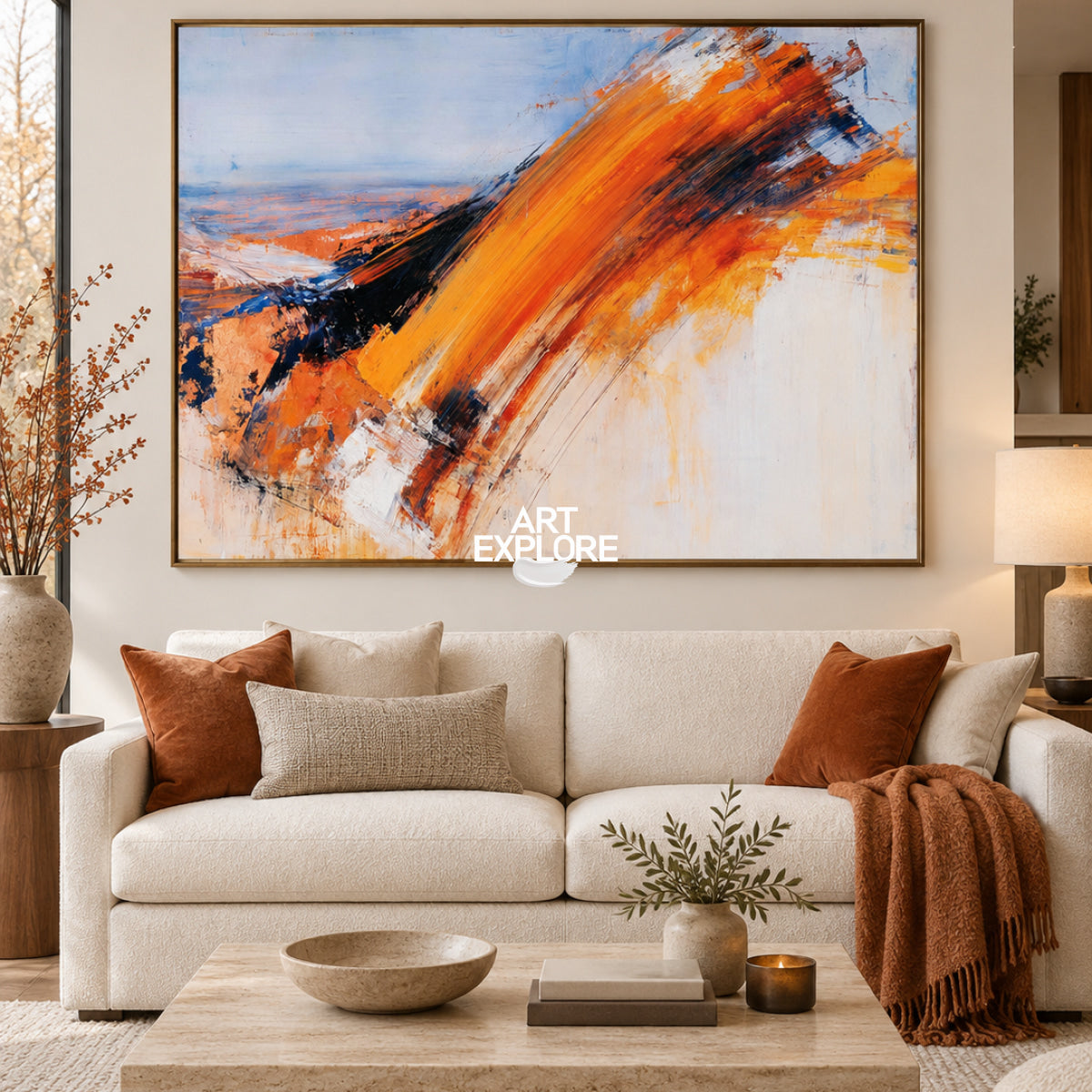 Modern Abstract Wall Art With Orange Blue For Living Room Decor