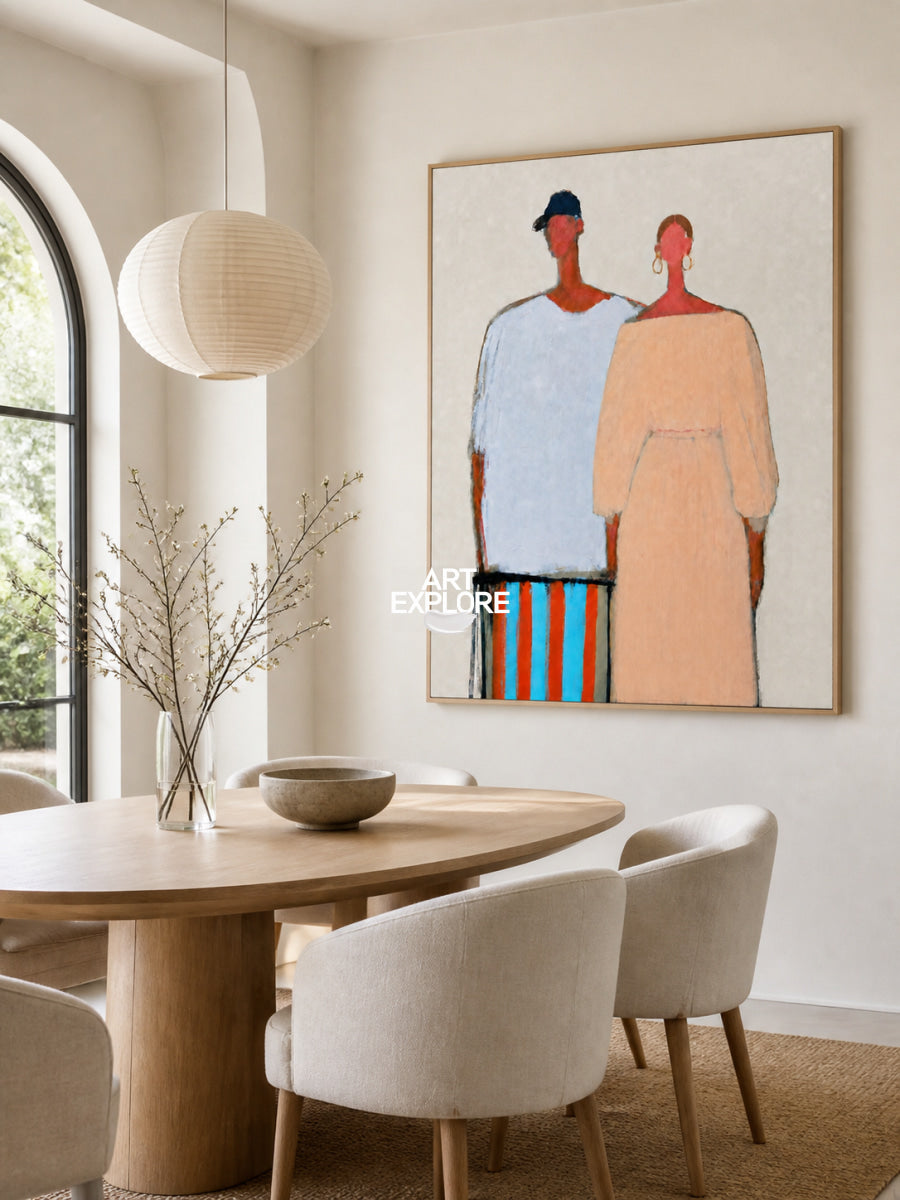 Abstract Figure Painting In Beige And Blue And Beige For Living Room Wall Art