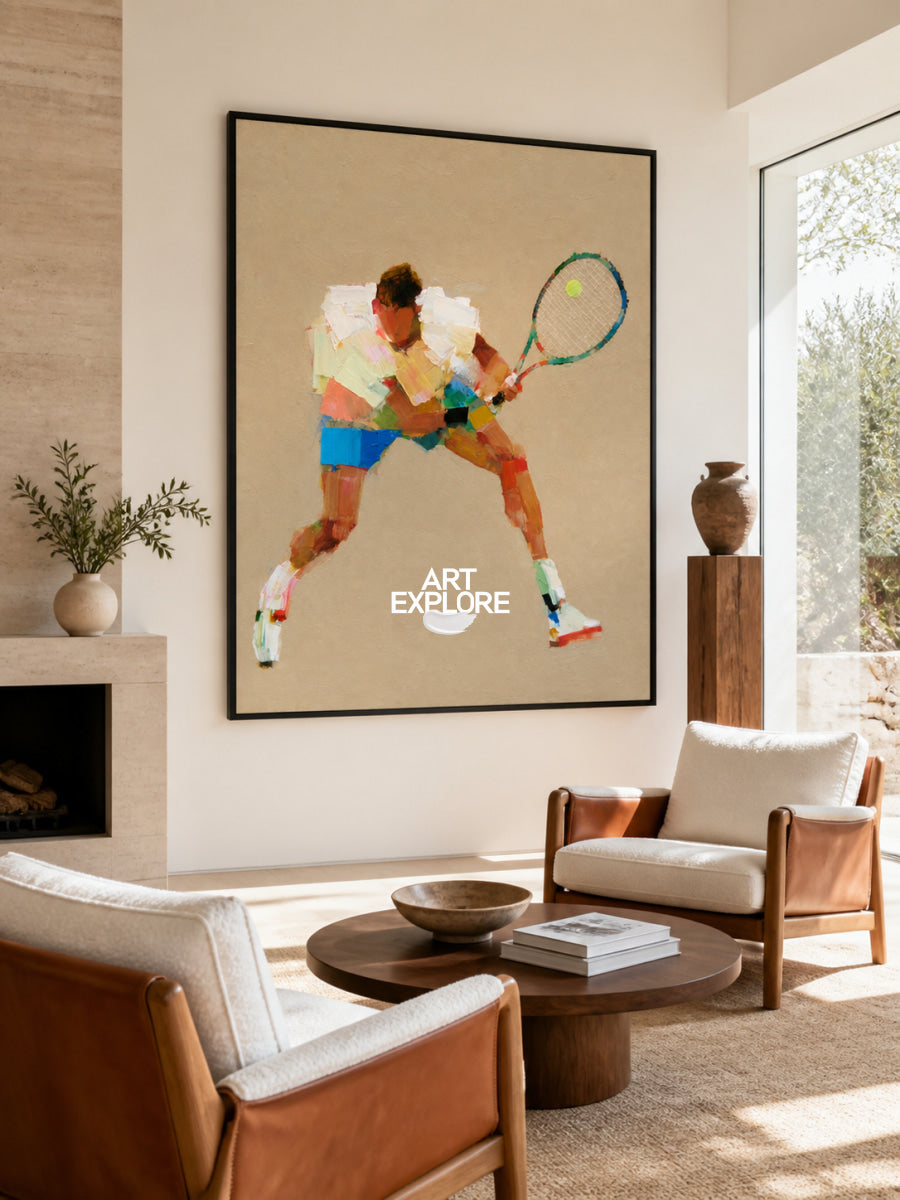 Abstract Tennis Player Painting On Canvas With Earthy Tones For Game Room Decor