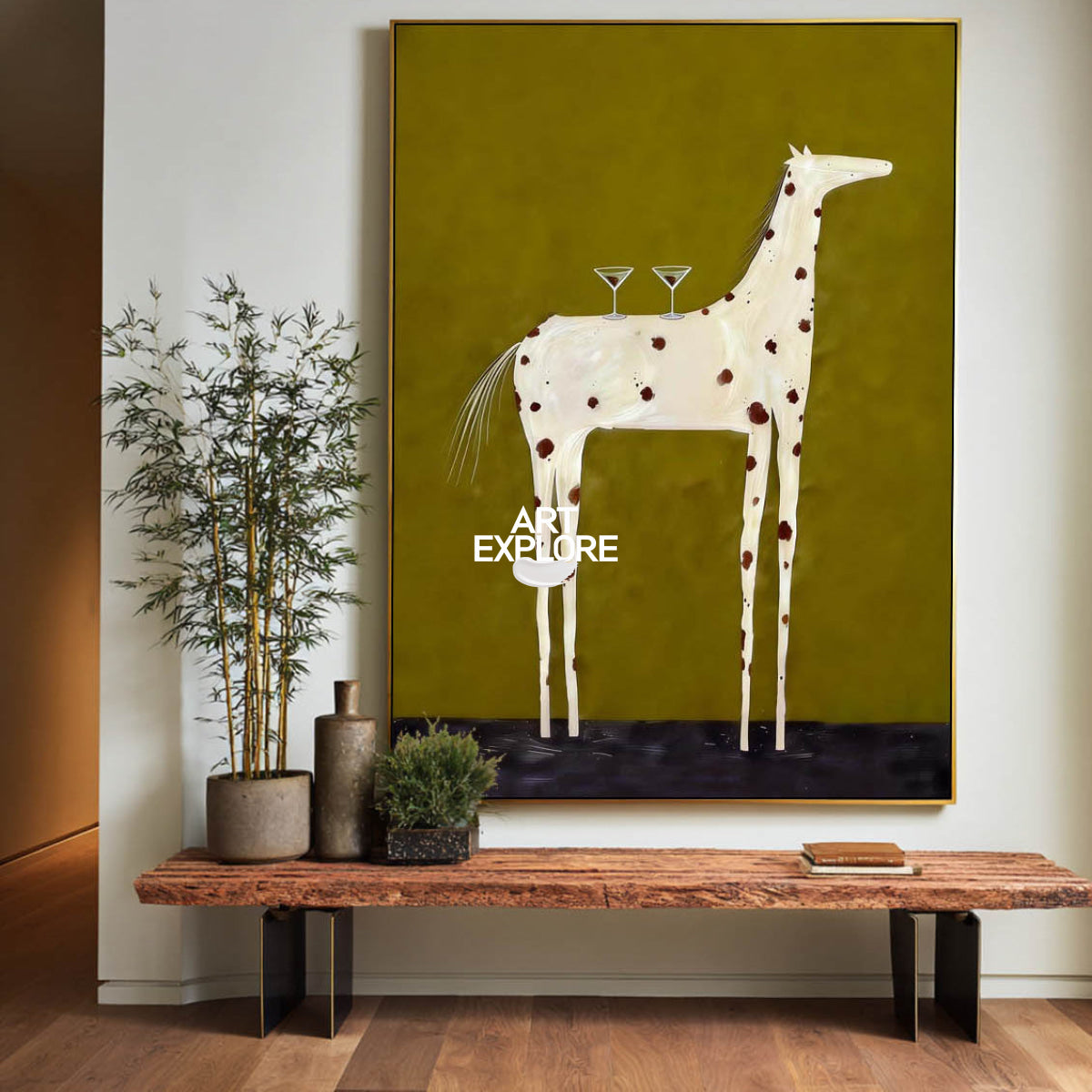Modern Folk Art Painting Of White Horse With Martini Glasses On Olive Green Canvas