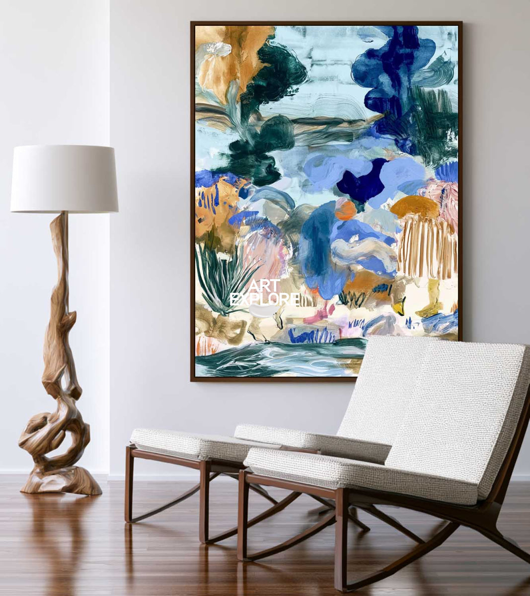 Blue And Green Abstract Canvas Painting Hand-Painted Wall Art With Earthy Tones