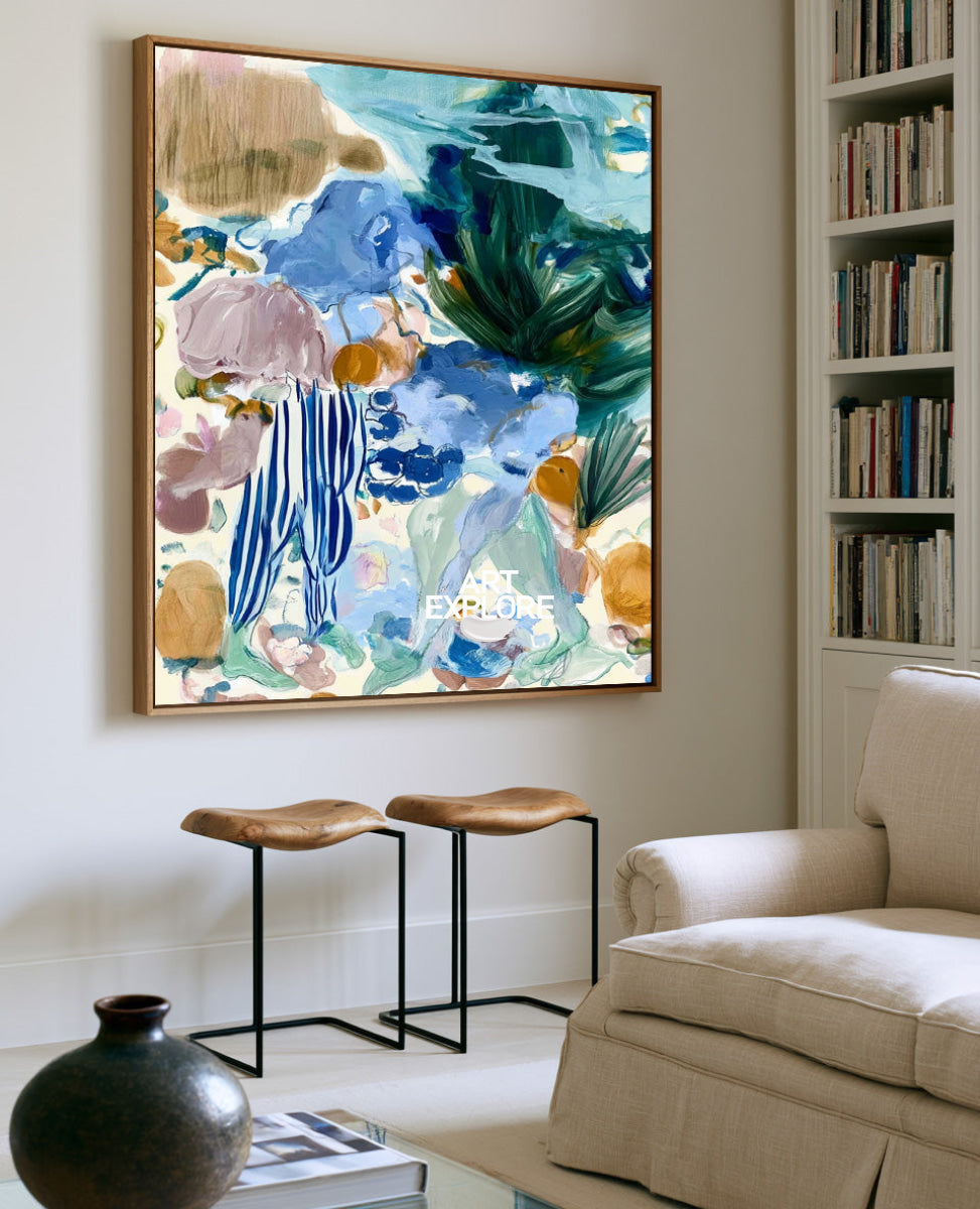 Abstract Blue And Green Floral Canvas Painting Hand-Painted Wall Art For Modern Home